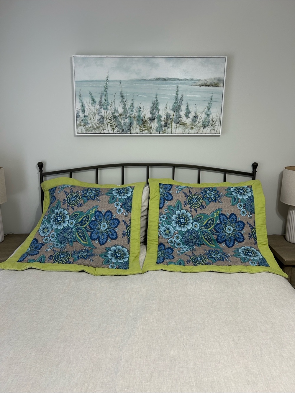 Set of two Square euro sham pillow covers.Floral Blue & Lime. 30 x 30 inches